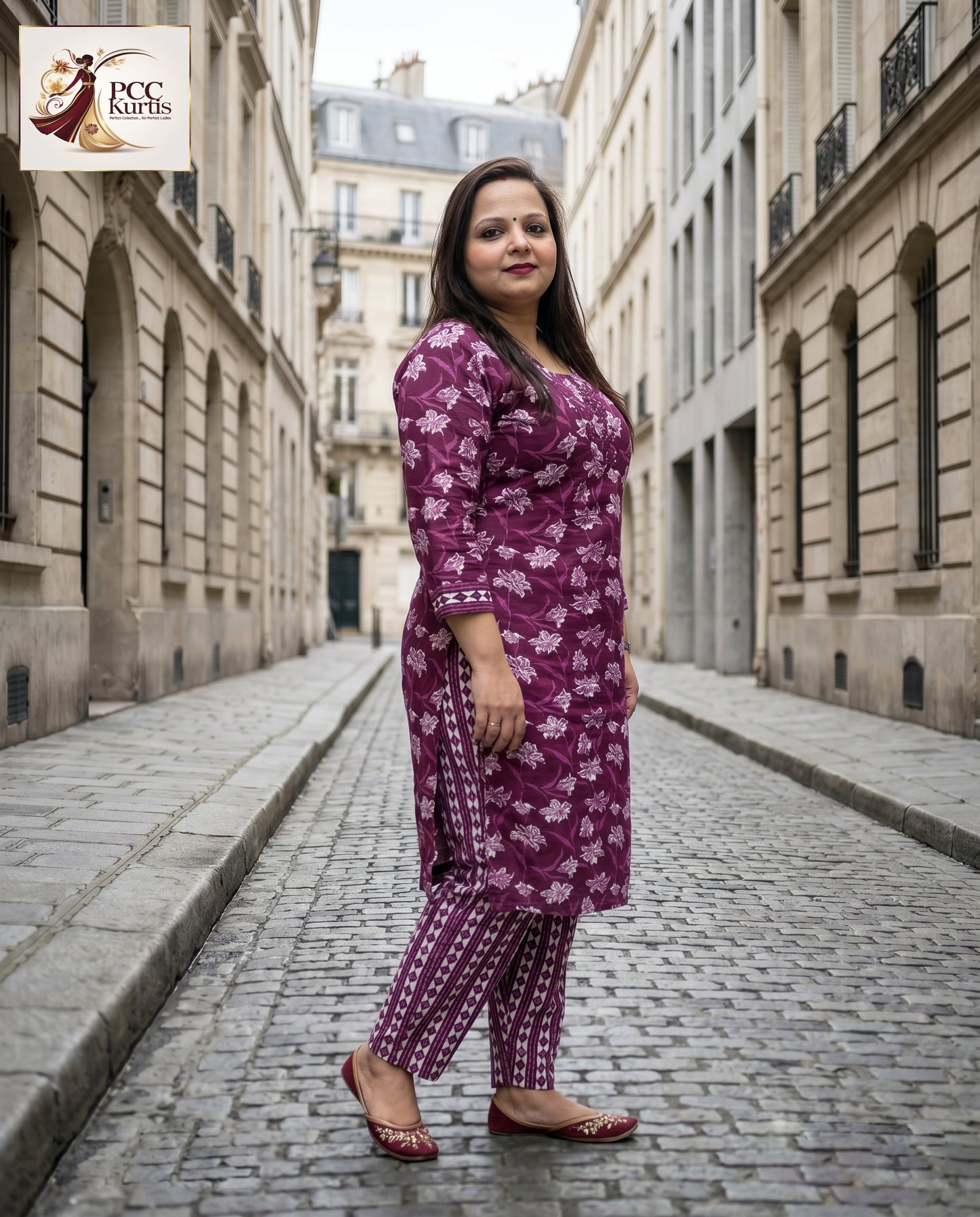 PURPLE FLORAL KURTI PANT SET (Ds. No - PCC1004)