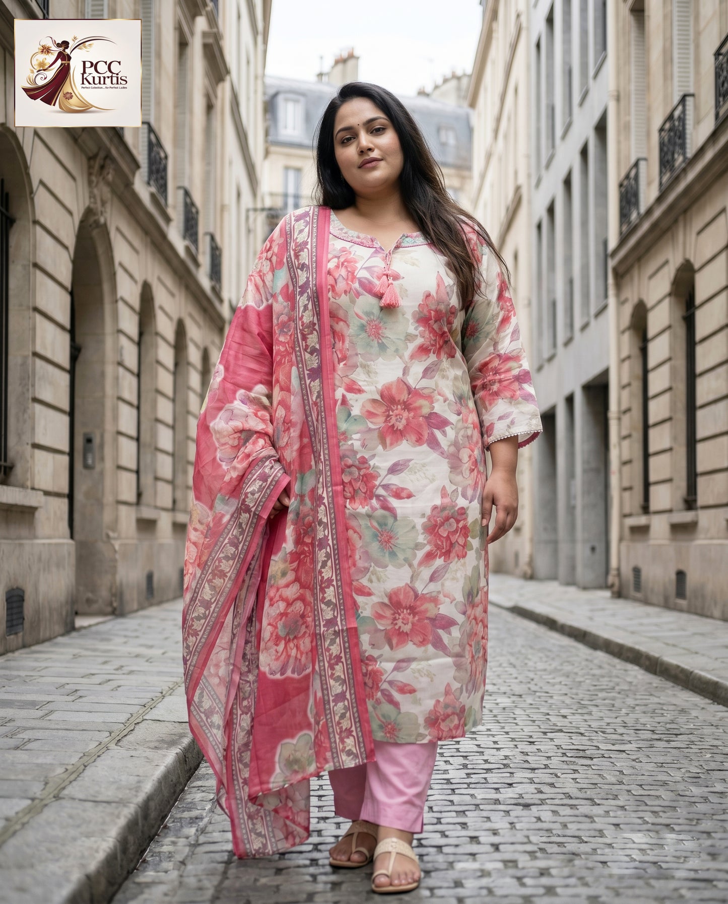 CREAM FLORAL VATICAN KURTI SET (Ds. No - PCC1009)