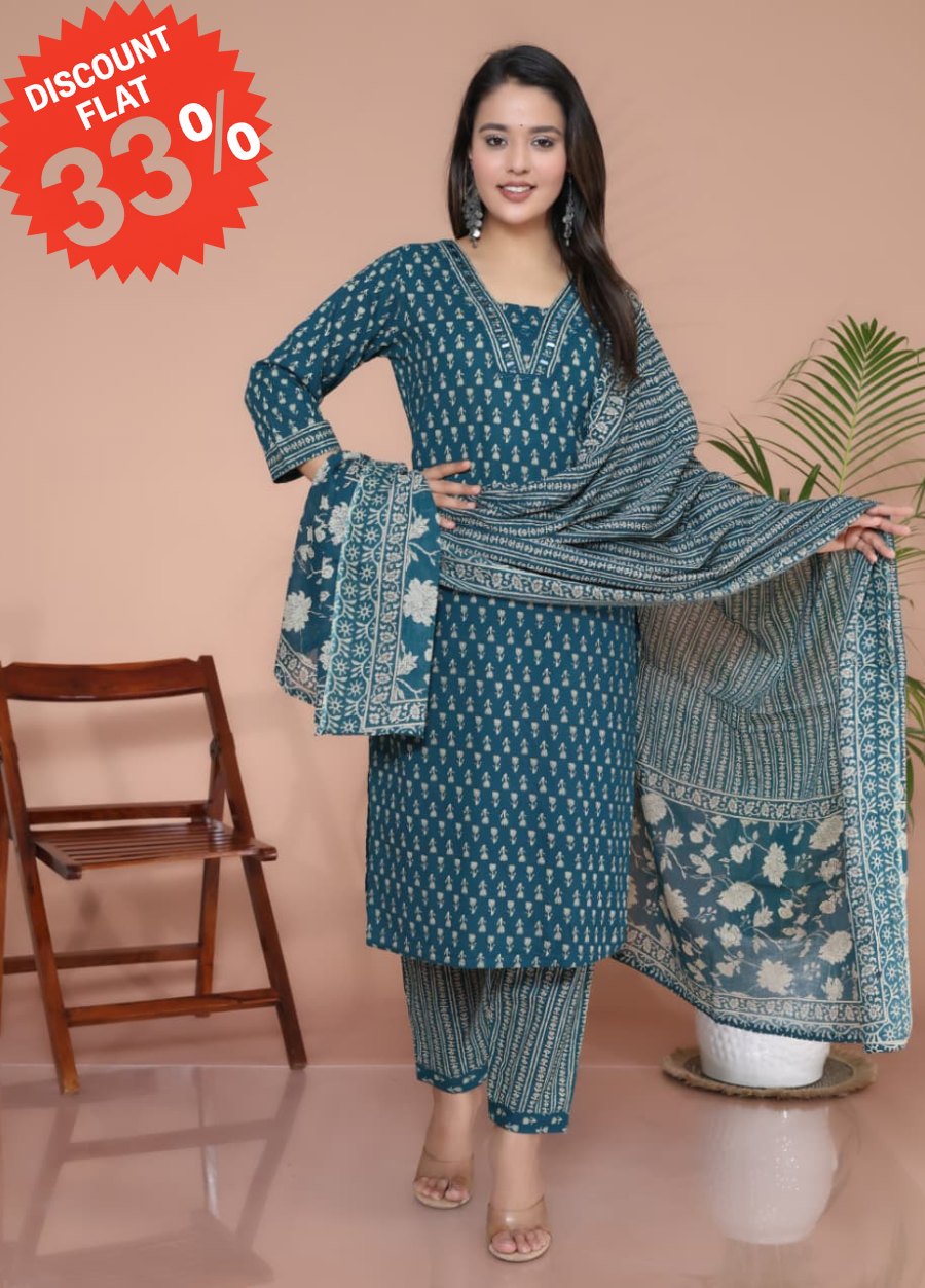 Premium Everyday Cotton Kurti Set – Pant & Dupatta | Festive Diwali Sale