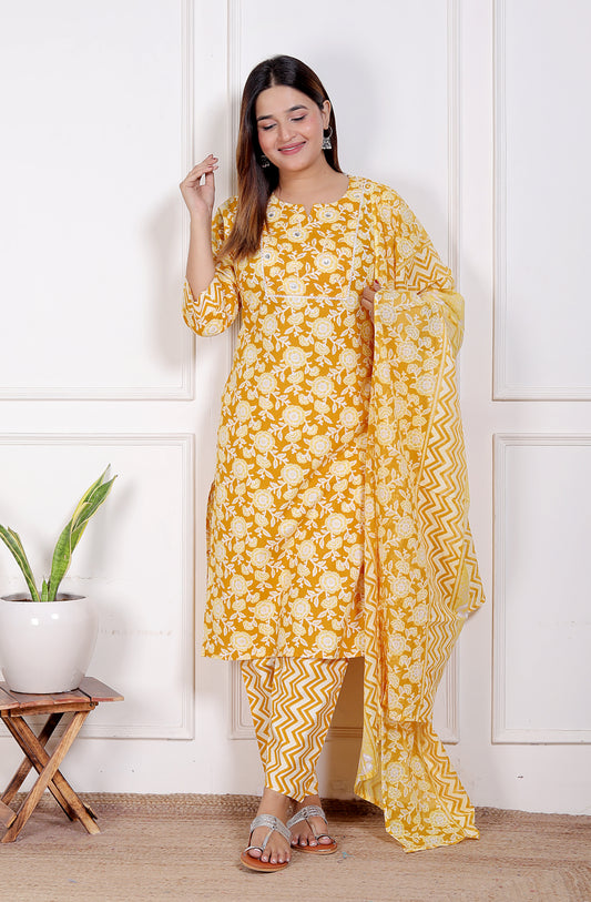 Suhani Kurtis Women's Cotton Floral Print Kurti Set with Chevron Pants and Dupatta, Mustard Yellow and White, Comfortable Ethnic Wear