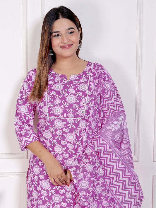 Suhani Kurtis Women's Cotton Floral Print Kurti Set with Chevron Pants and Dupatta, Purple and White, Comfortable Ethnic Wear