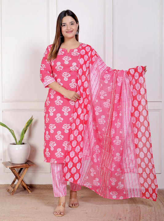 Suhani Kurtis Women's Cotton Floral Print Kurti Set with Chevron Pants and Dupatta, Hot Pink and White, Comfortable Ethnic Wear