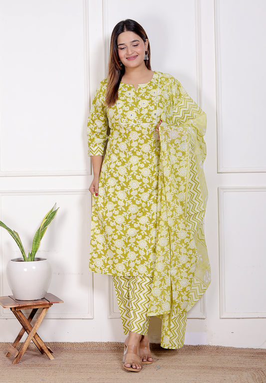 Suhani Kurtis Women's Cotton Floral Print Kurti Set with Chevron Pants and Dupatta, Lime Green and White, Comfortable Ethnic Wear