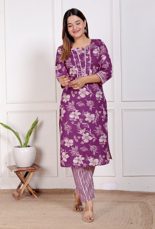 Cotton Kurti Pant Set in very bright and attractive Purple color.