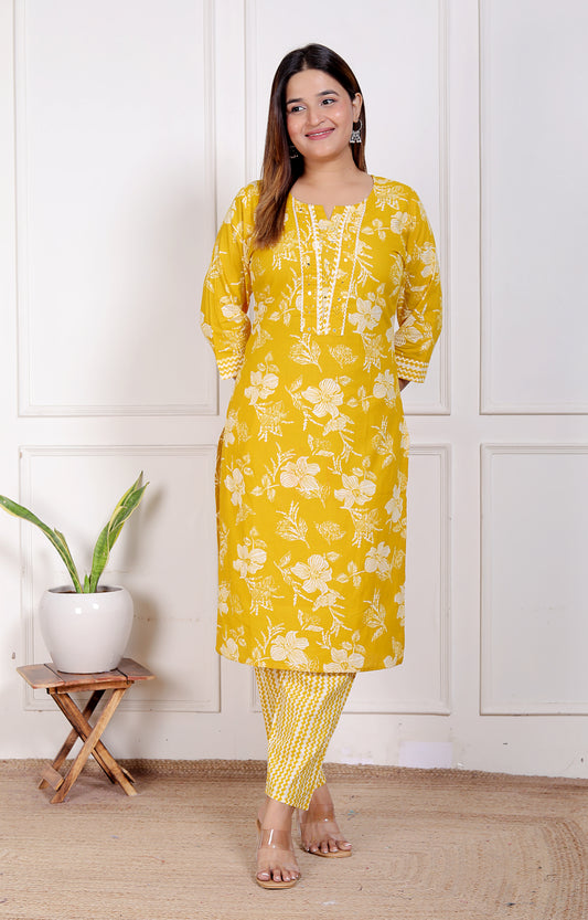 Cotton Kurti Pant Set in very bright and attractive yellow color.