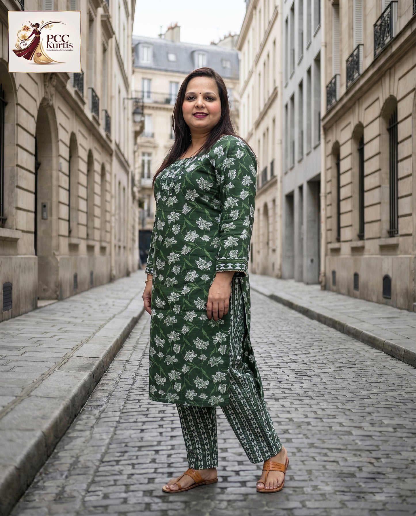 GREEN FLORAL KURTI PANT SET (Ds. No - PCC1004)