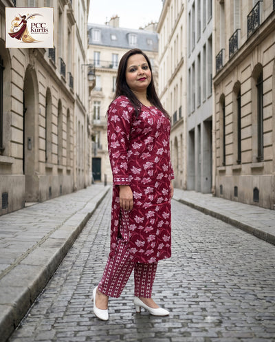 RED FLORAL KURTI PANT SET (Ds. No - PCC1004)