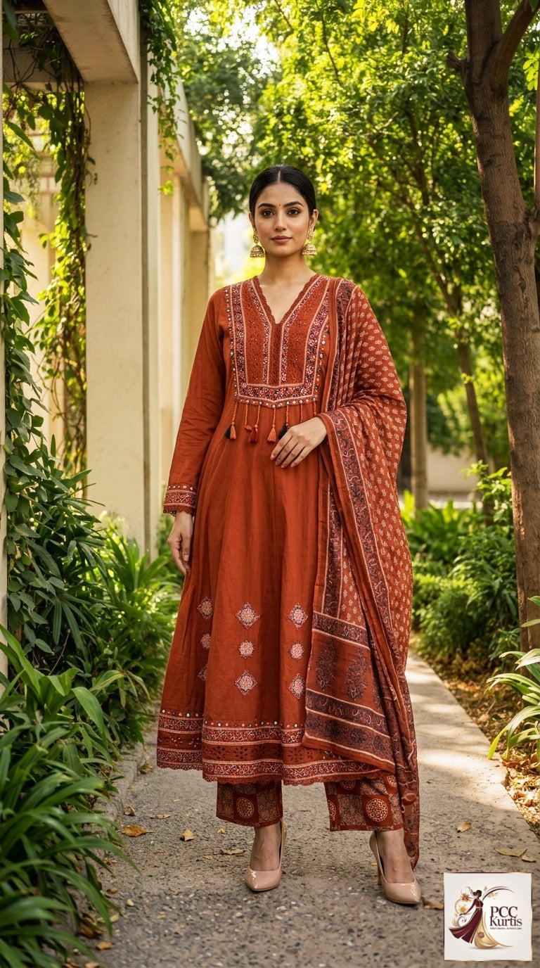 DEEP RUST SEMI ANARKALI DRESS (Ds. No - PCC1024)