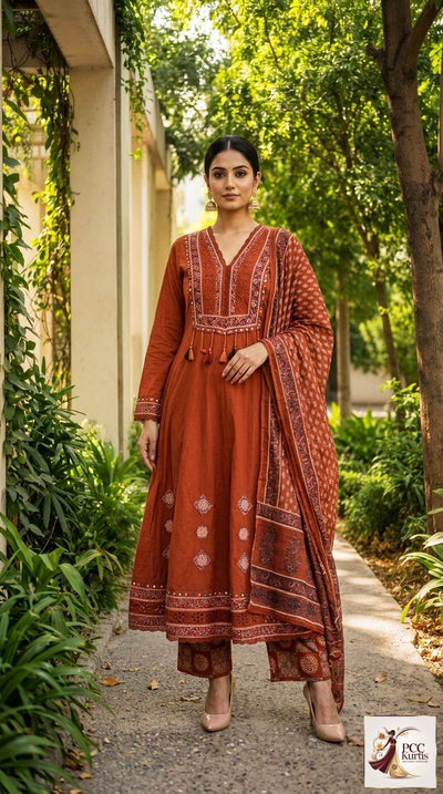 DEEP RUST SEMI ANARKALI DRESS (Ds. No - PCC1024)