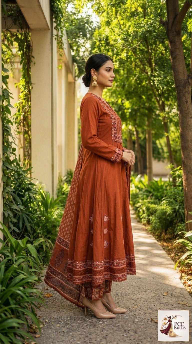 DEEP RUST SEMI ANARKALI DRESS (Ds. No - PCC1024)