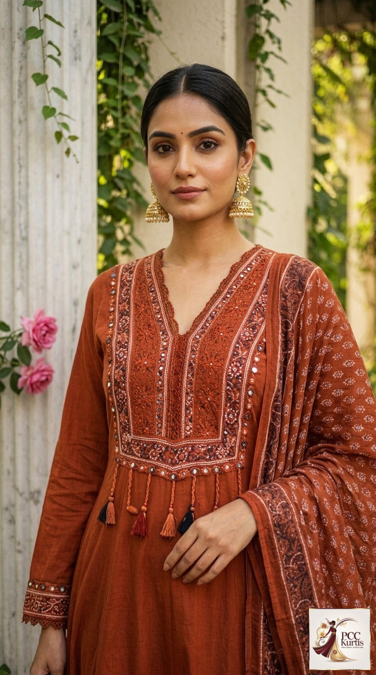 DEEP RUST SEMI ANARKALI DRESS (Ds. No - PCC1024)