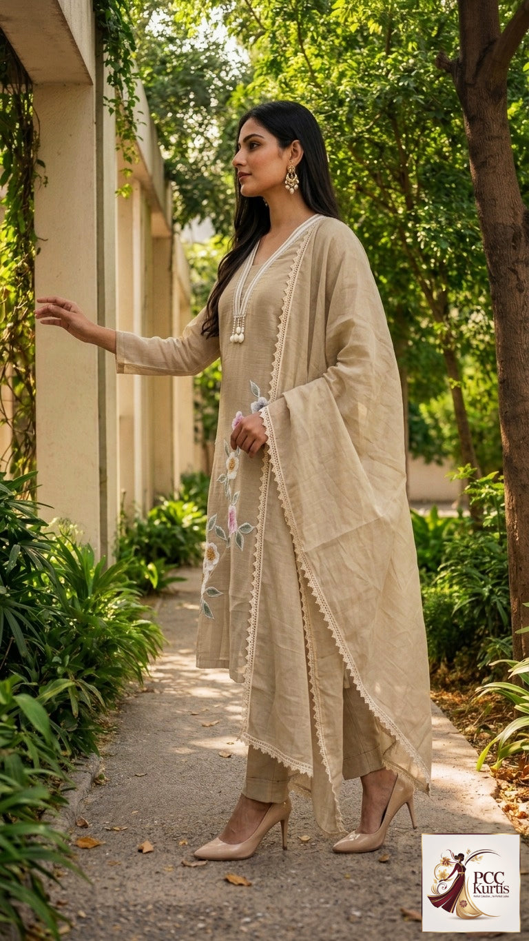 MUL CHANDERI SET WITH APPLIC WORK (Ds. No - PCC1047)