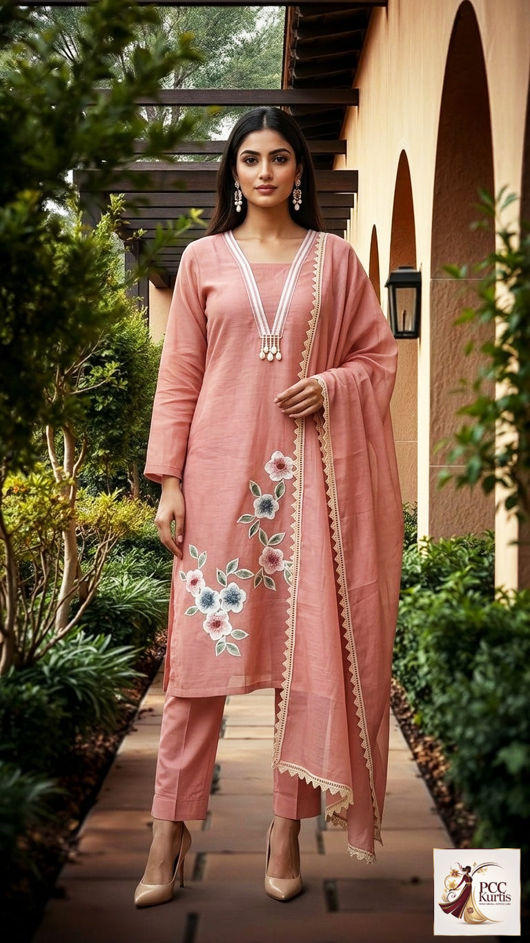 MUL CHANDERI SET WITH APPLIC WORK (Ds. No - PCC1048)
