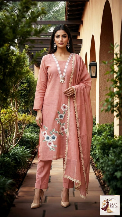 MUL CHANDERI SET WITH APPLIC WORK (Ds. No - PCC1048)