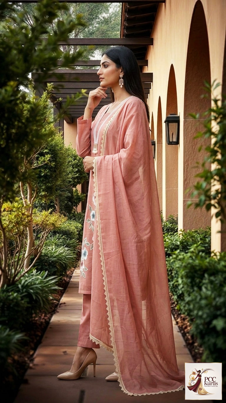 MUL CHANDERI SET WITH APPLIC WORK (Ds. No - PCC1048)