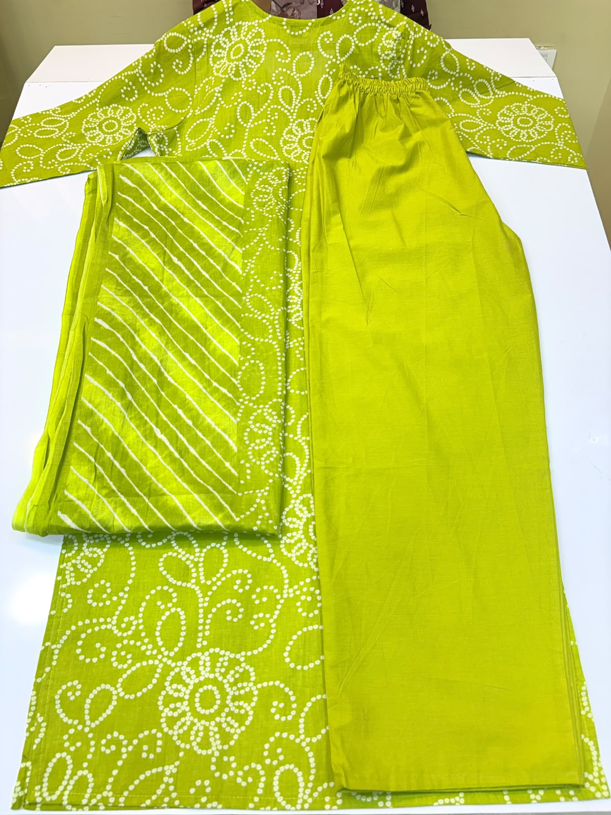 Traditional Lime Green Bandhej Print 3-Piece Kurta Set (Ds. No - PCC1071)